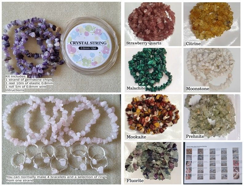 Gemstone chip bead kit choices include, Amethyst, Rose Quartz, Citrine, Aqa