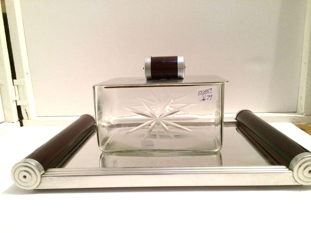 Art deco mirrored tray with glass box .