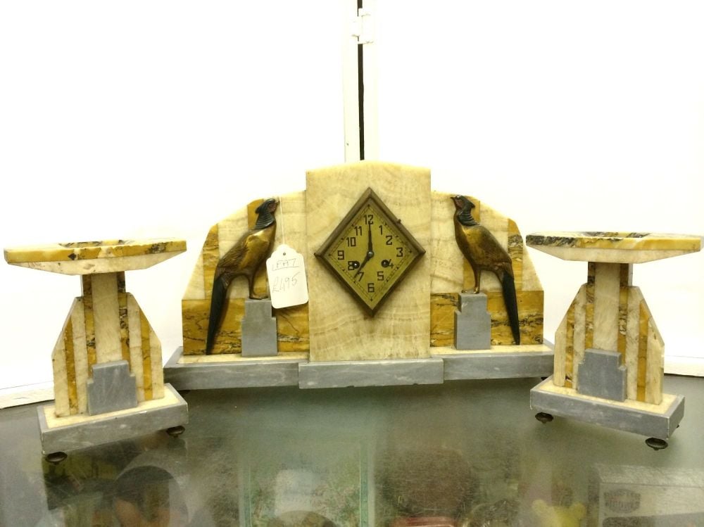 Art Deco marble clock and garnitures with bird detail 