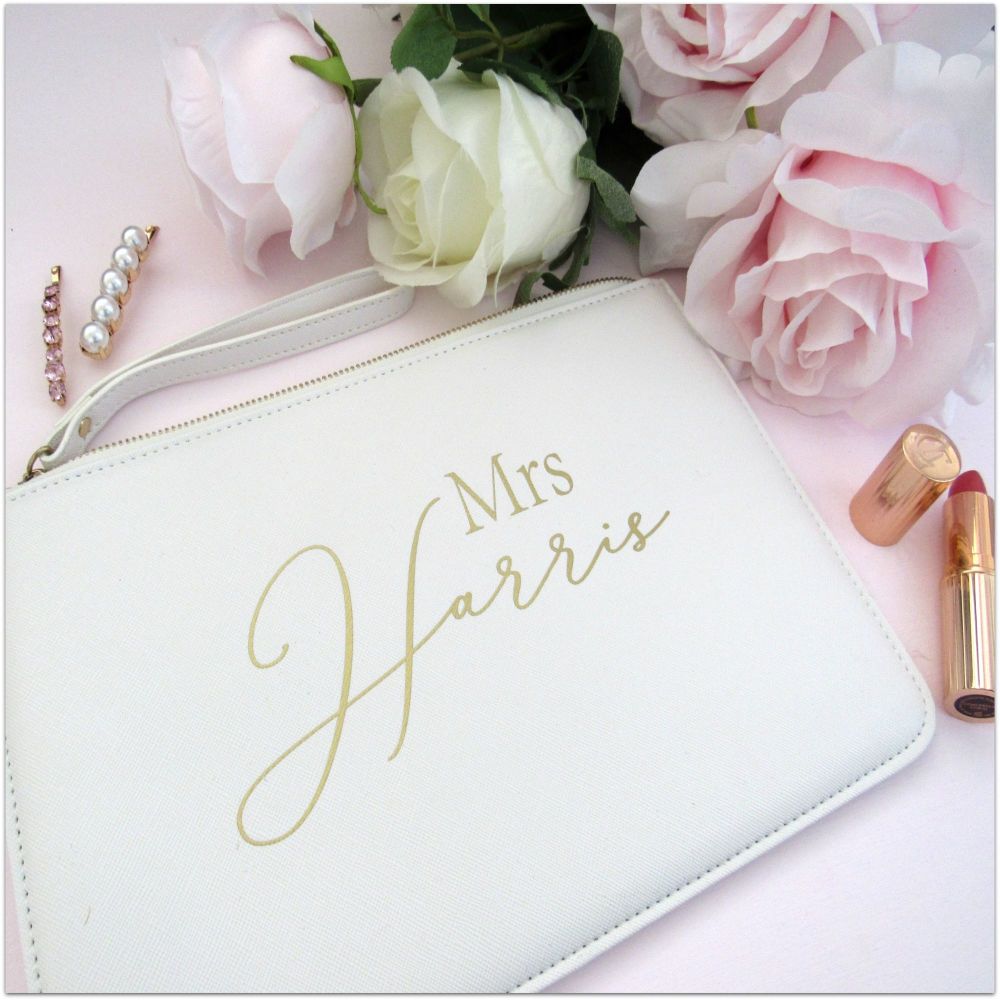 Personalised Leather Look MRS Clutch Bag With Metal Zip & Strap