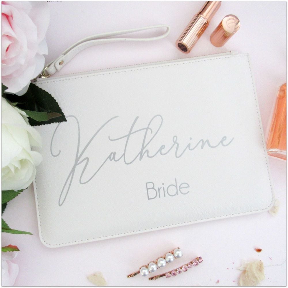 Personalised Leather Look Bride Clutch Bag With Metal Zip & Strap