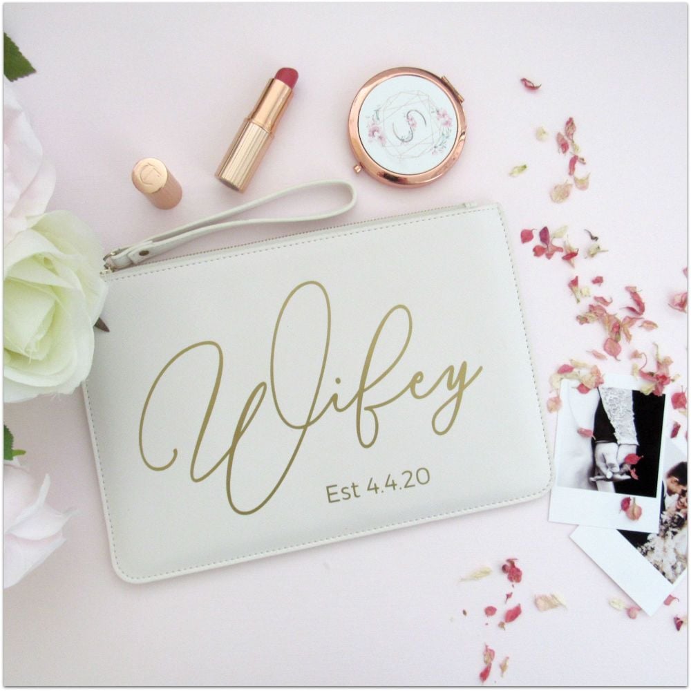 Personalised Leather Look WIFEY Clutch Bag With Metal Zip & Strap