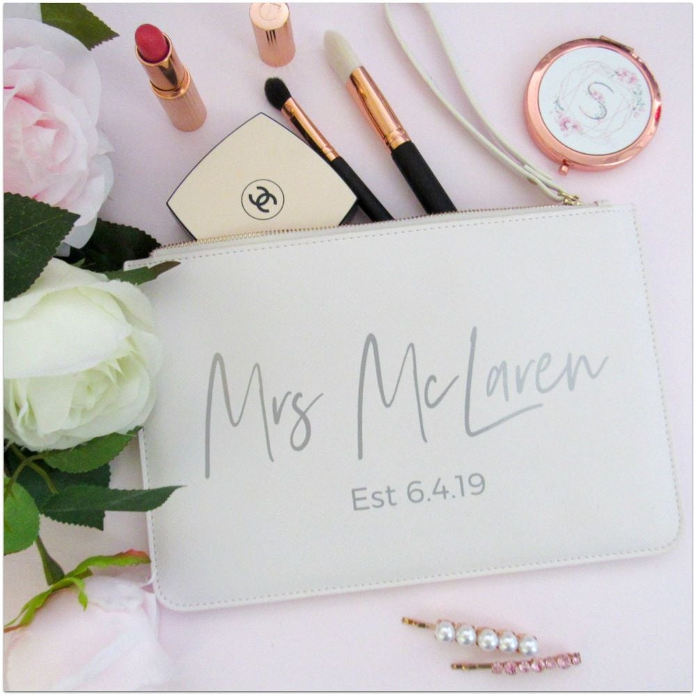Personalised Leather Look MRS EST Clutch Bag With Metal Zip & Strap