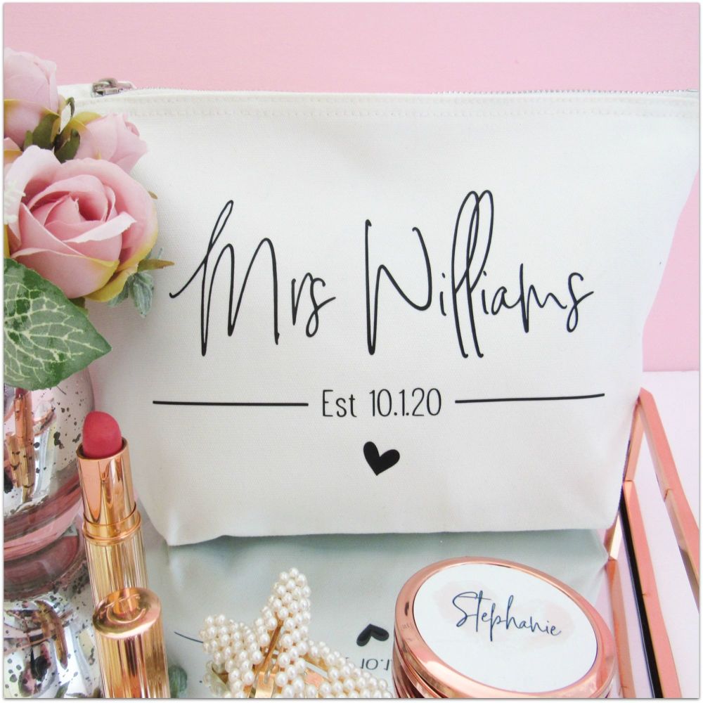Personalised MRS EST Cotton Cosmetic Make Up Bag With Heart