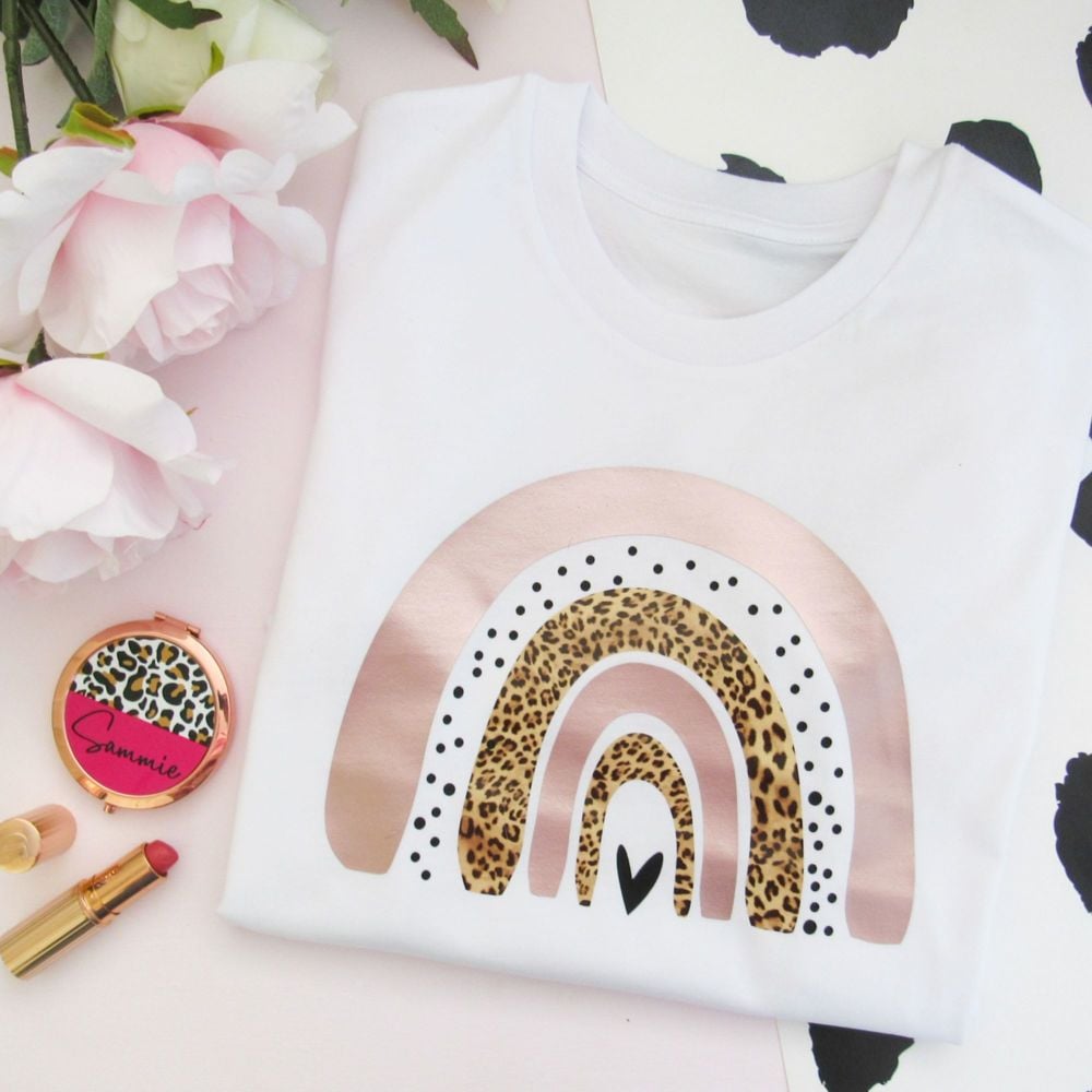  <!-- 001-->Rose Gold Dotty & Leopard Print Rainbow Women's Organic Cotton 