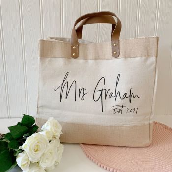  "Mrs Est" Large Luxury Jute & Canvas Shopping Tote Bag