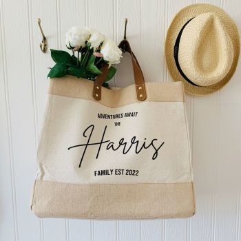  "ADVENTURES  AWAIT" Personalised Large Luxury Leather Handled Jute & Canvas Shopping Tote Bag
