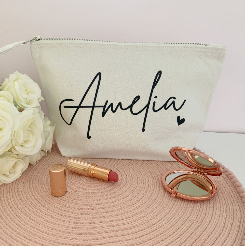 Personalised Name With Little Heart Cotton Cosmetic Make Up Bag