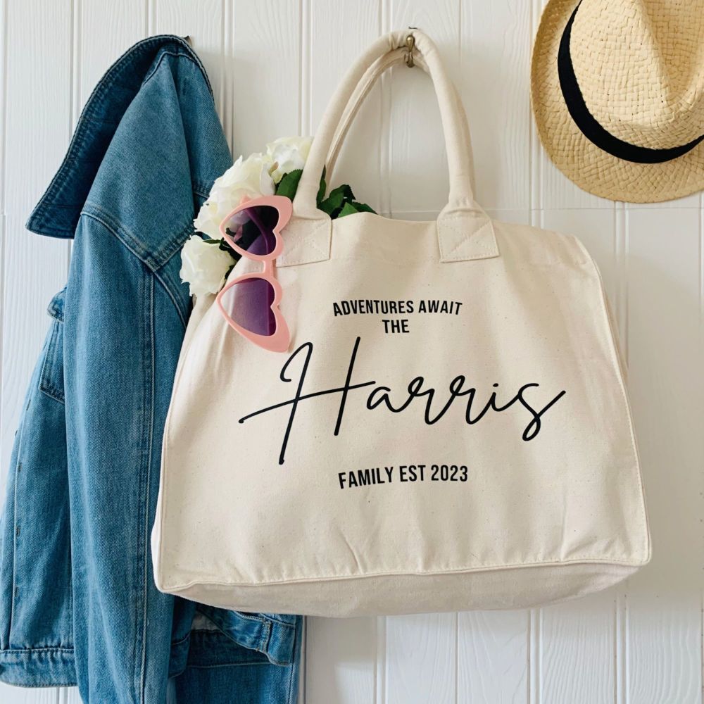 "ADVENTURES AWAIT" Personalised Resort Canvas Shopping Tote Bag