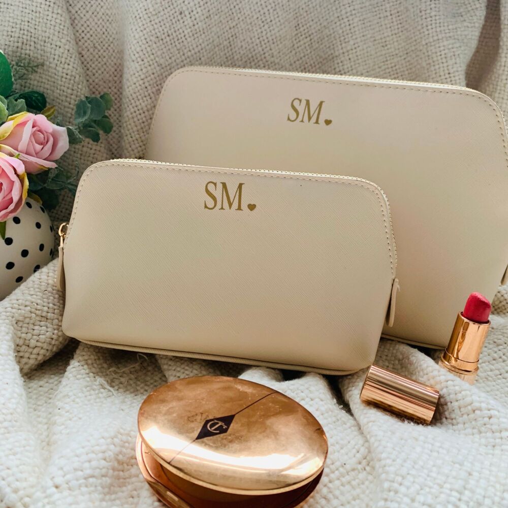 <!-- 003 -->Personalised Cream Leather Look Initial & Heart Make Up Bag