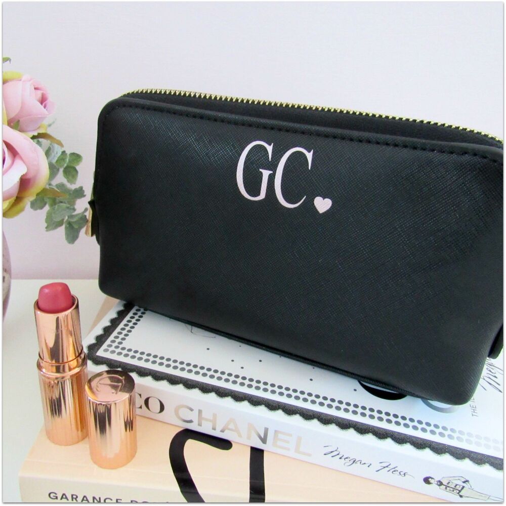 <!-- 001 -->Personalised Leather Look Initial & Heart Make Up Bag