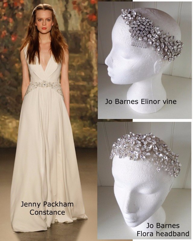 Jenny Packham Constance dress with Jo Barnes Elinor hair vine and Flora headband