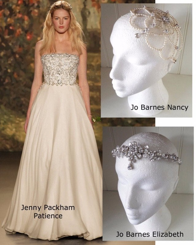 Jenny Packham Patience with Jo Barnes Elizabeth forehead band and Nancy headdress