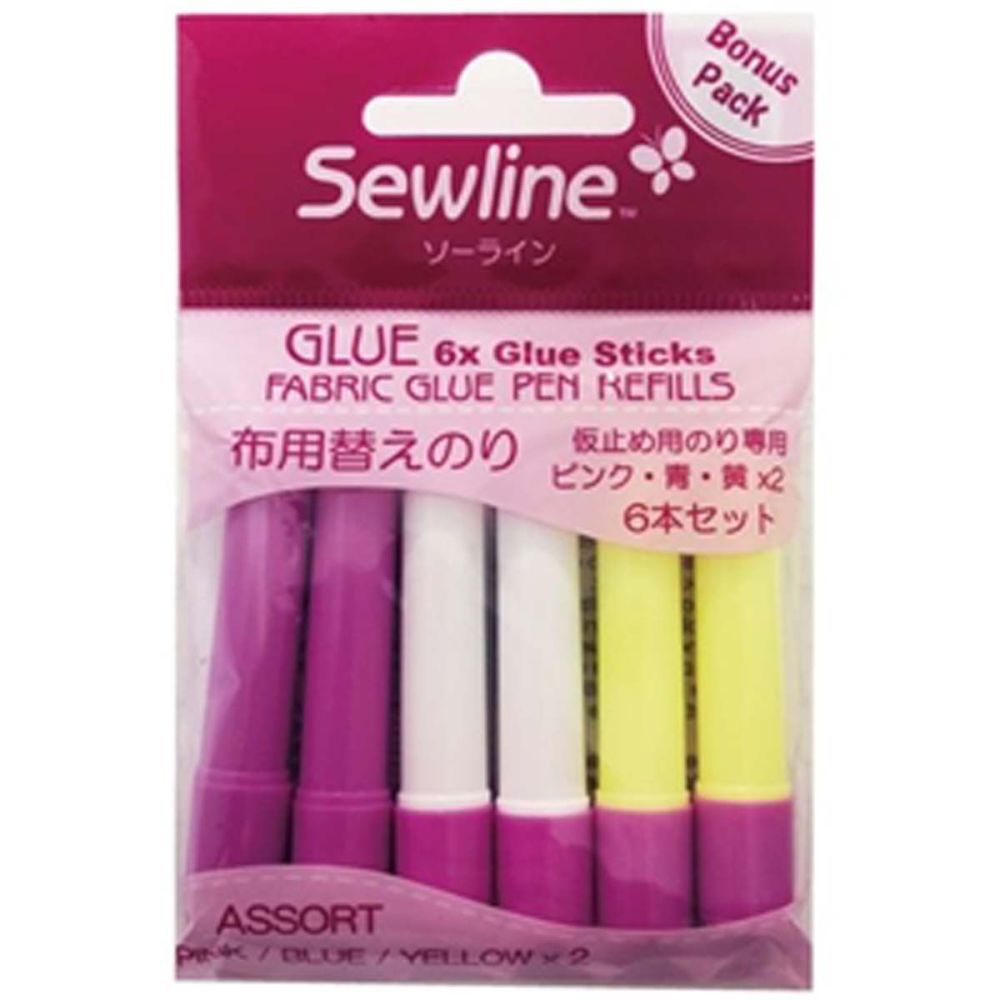 Sewline Water Soluble Glue Stick Multi Refill ~ 6 Refills Pink, Blue, Yellow