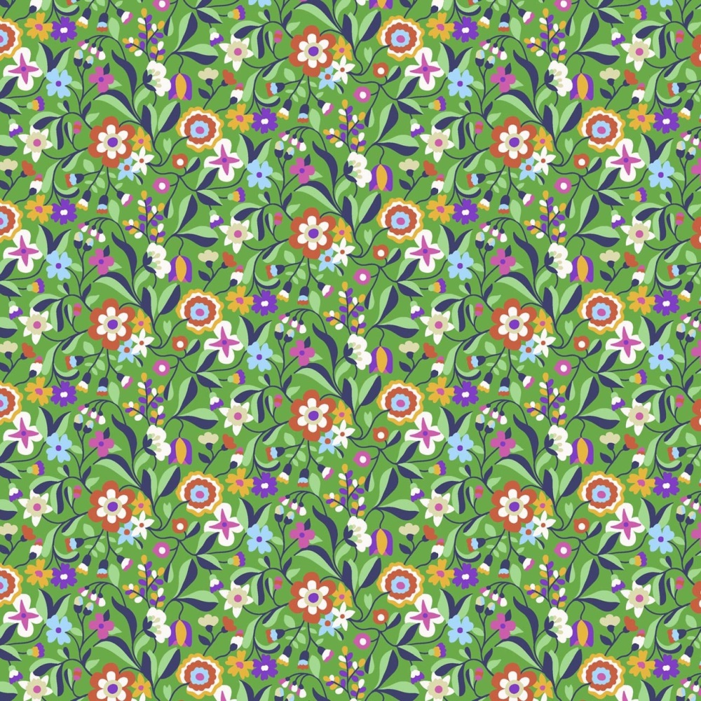 Kaleidoscope Ace  ~ Cotton Lawn ~  Dashwood Studio ~ Cottage Garden Flowers on Green
