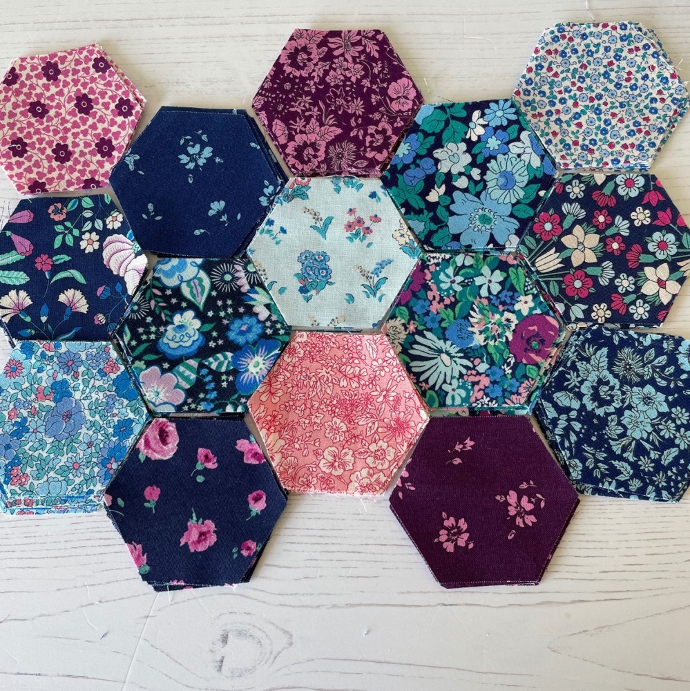 Precut Hexies Blue/Pinks Liberty Collection.