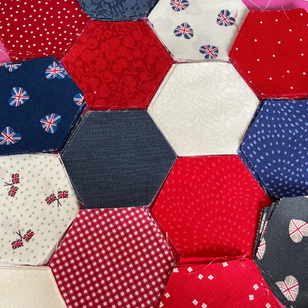 Great Britain theme in red, white and blue 6 hexies of each design and 15 designs in total