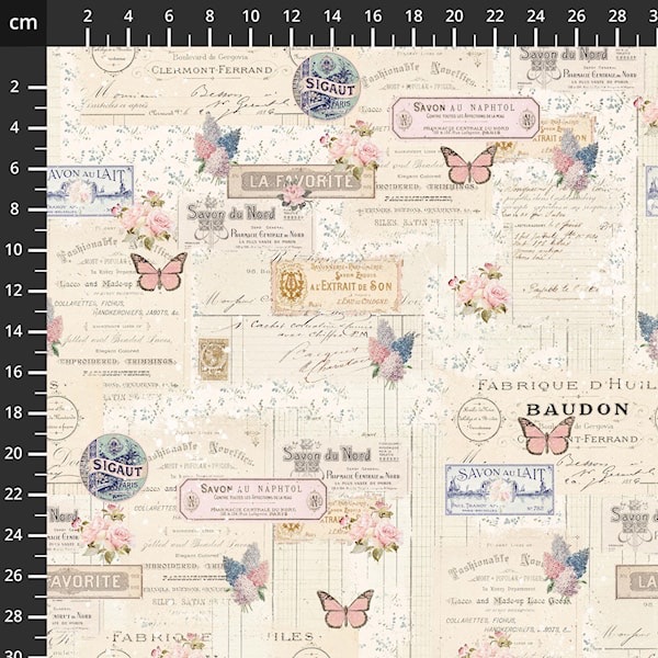Parisian Snippets ~ Blank Quilting ~ Labels and Butterflies ~ Ecru
