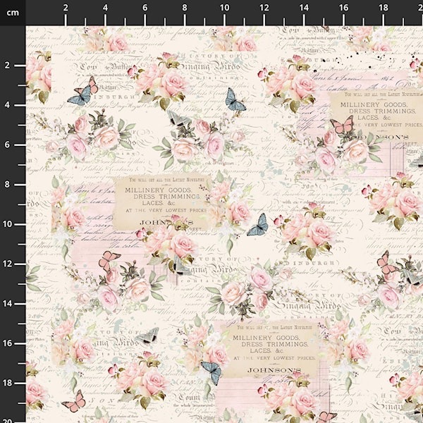 Parisian Snippets ~ Blank Quilting ~ Roses With Text ~ Ecru