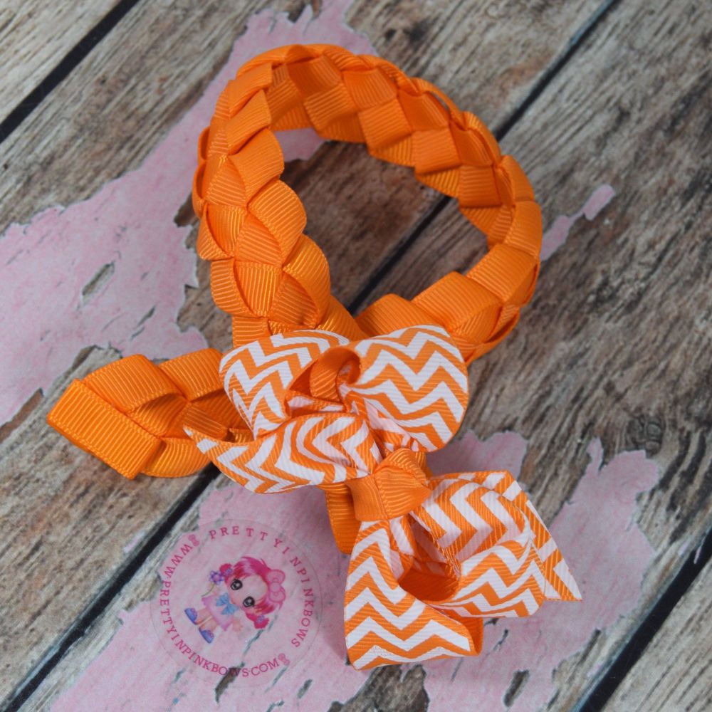 Medium Bun Wrap ~ Tangerine With White And Orange Chevron 3" Boutique Bow