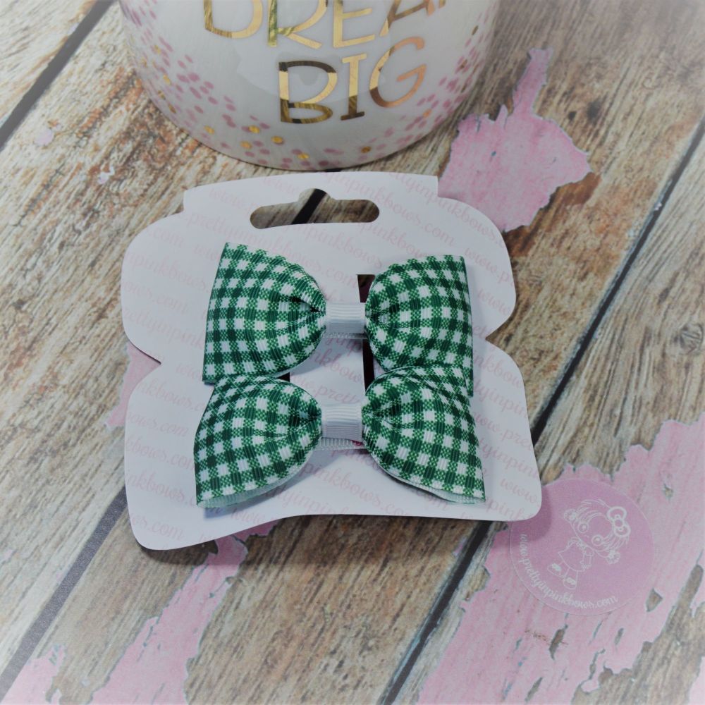 Minnie Bows in Forrest Green Gingham On Croc Clip
