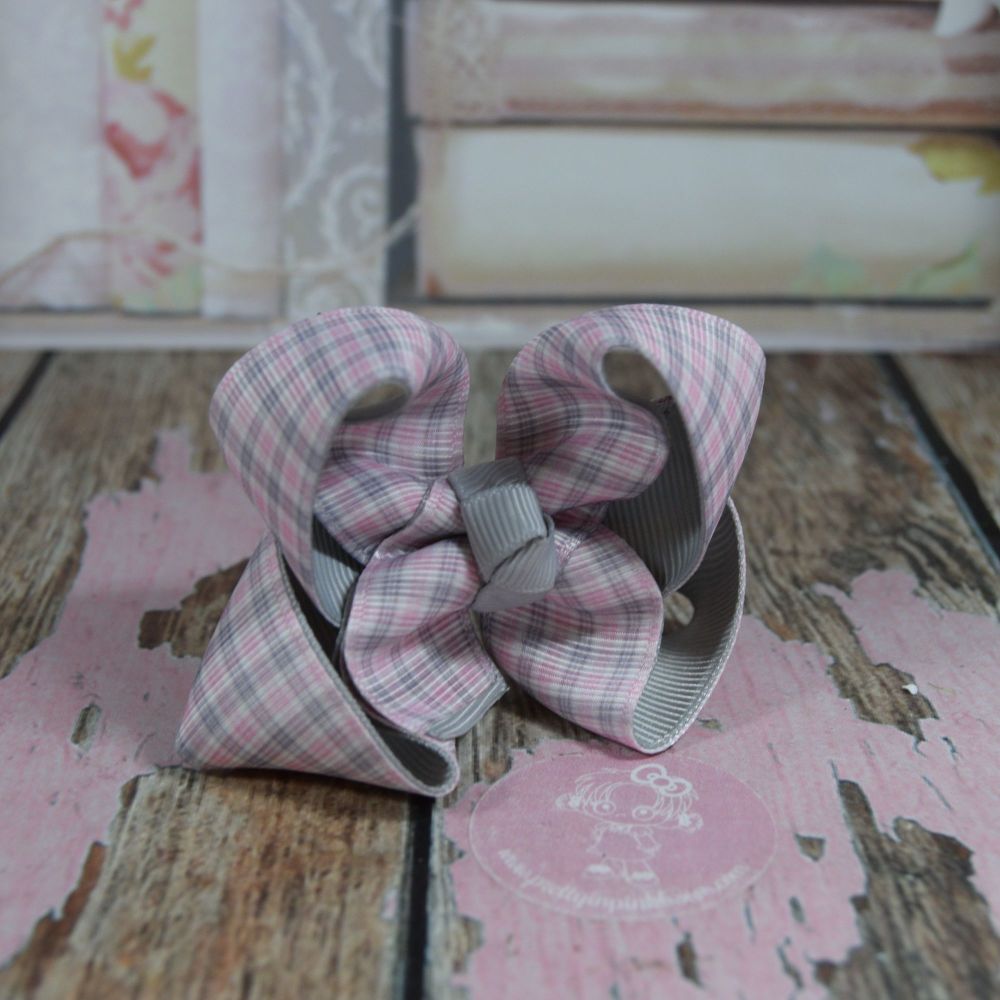 Double Layer Boutique Bow Tartan Light Pink Grey & White