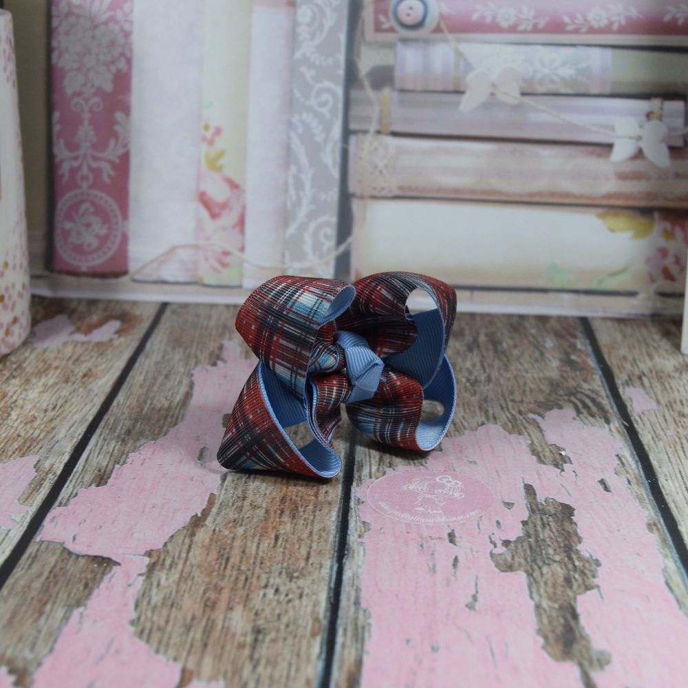 Double Layer Boutique Bow Tartan Red Navy & Blue