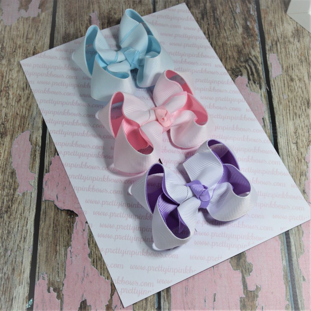 Inside out Double Layer Boutique Bow Set White with Pink, Lilac & Blue
