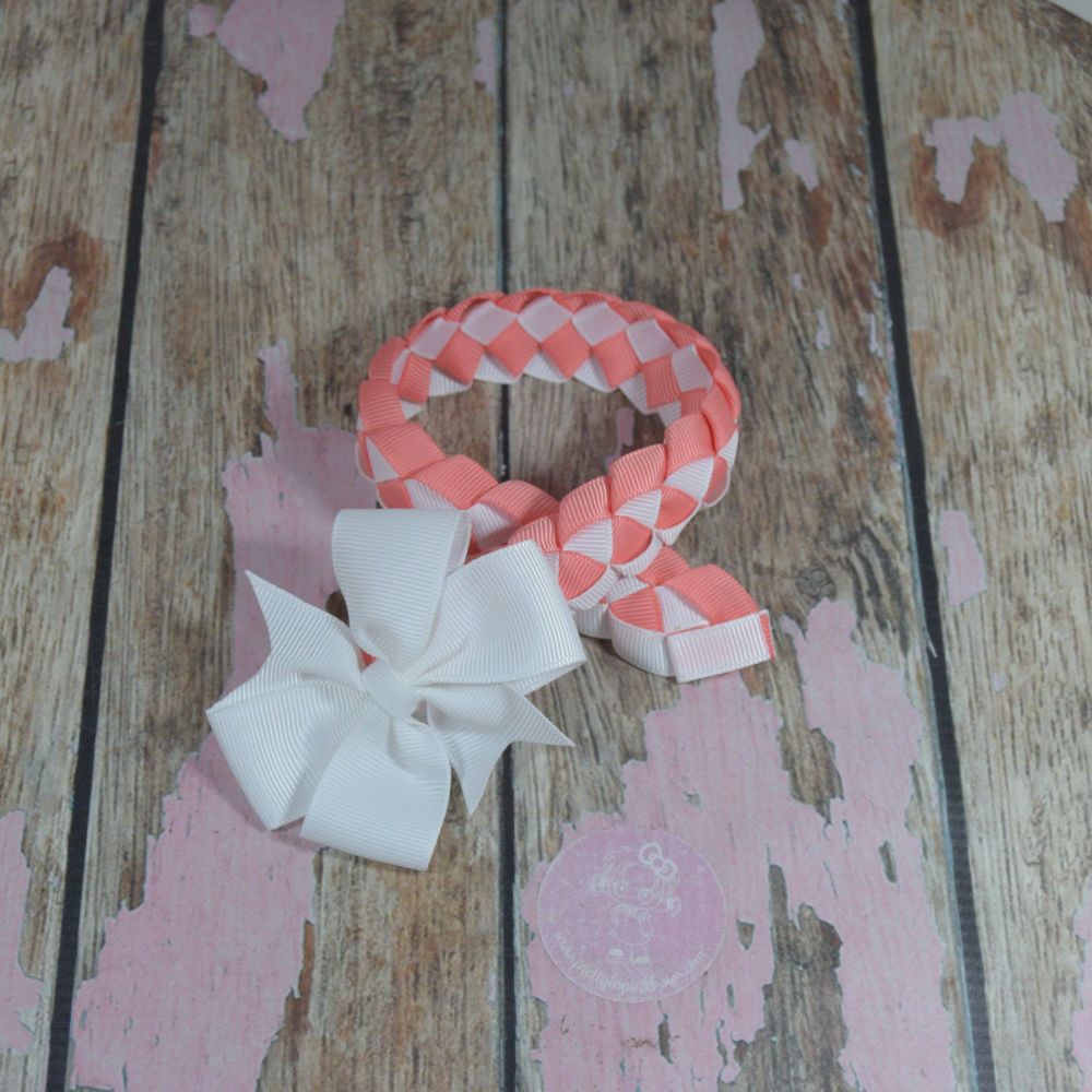 Medium Bun Wrap in white and Lt Coral with pinwheel bow