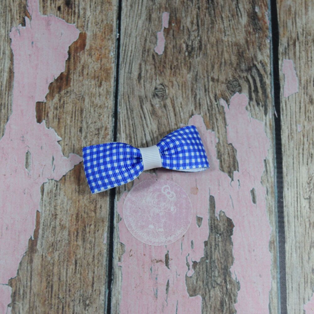 Small Minnie Bow - Blue Gingham on croc clip