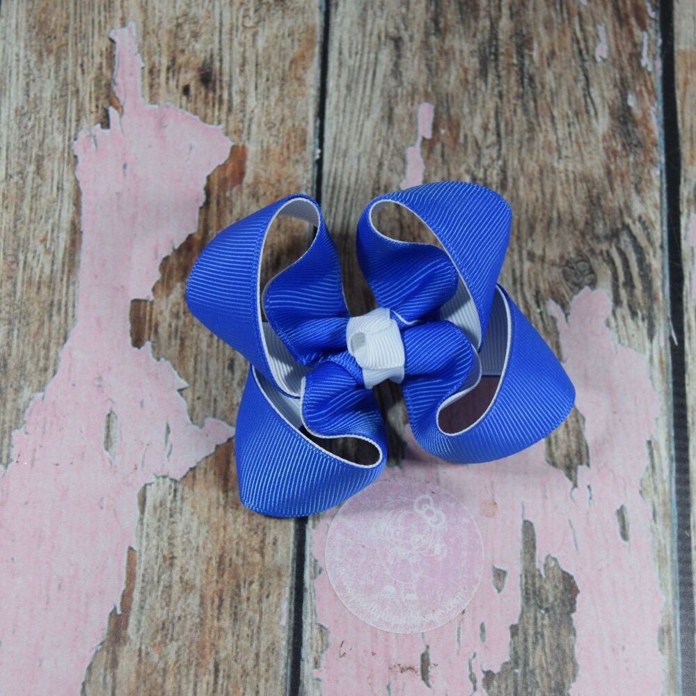 Double Layered Boutique Bow - Royal Blue and White on croc clip