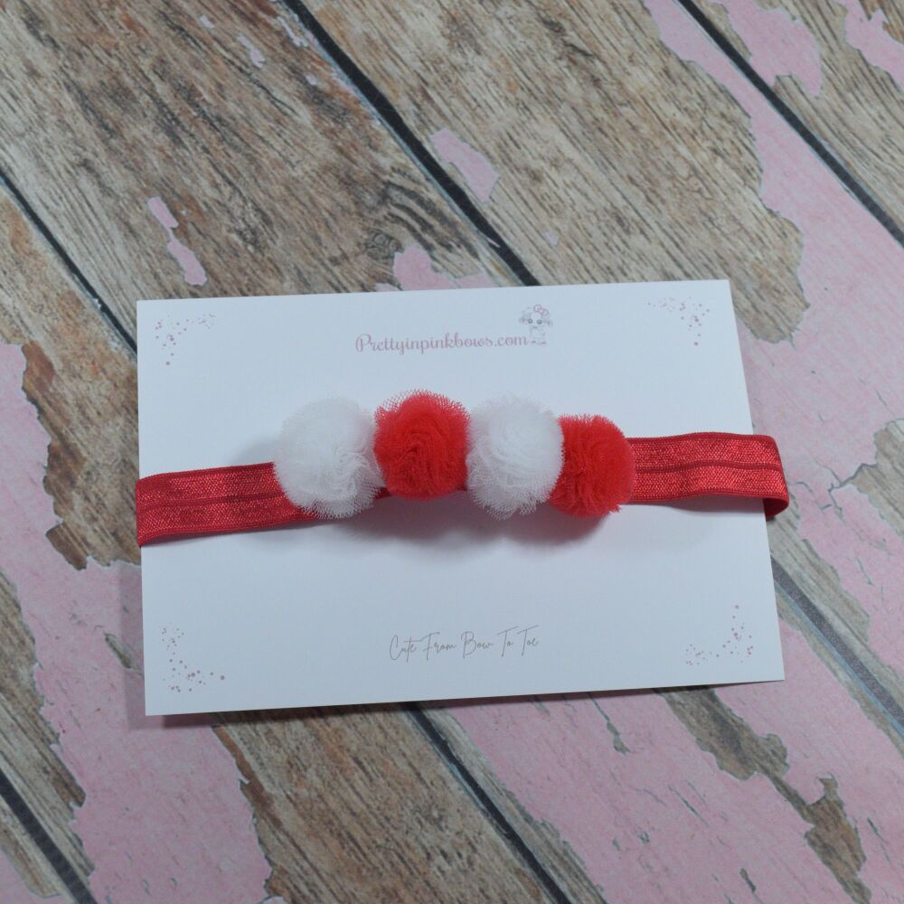 Foe Baby head band -  White and red Net poms