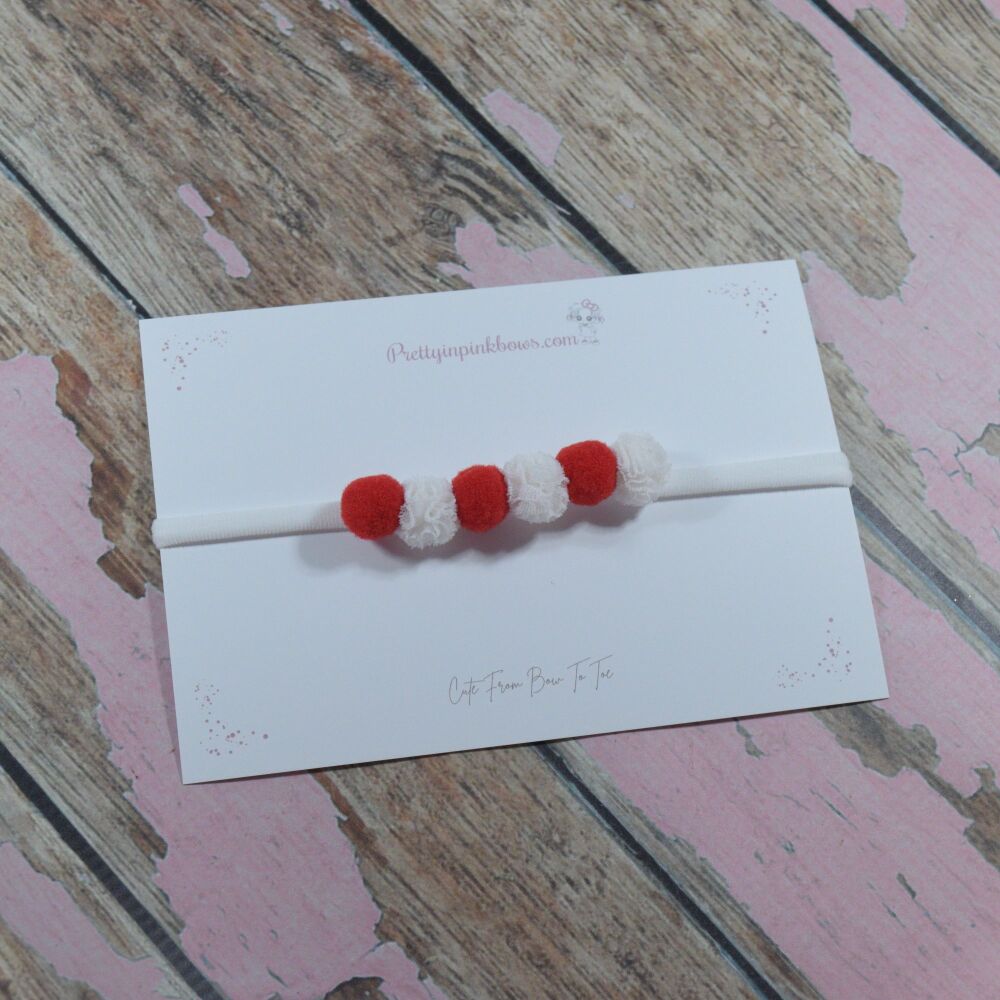 Super soft baby band - Red and white pompoms
