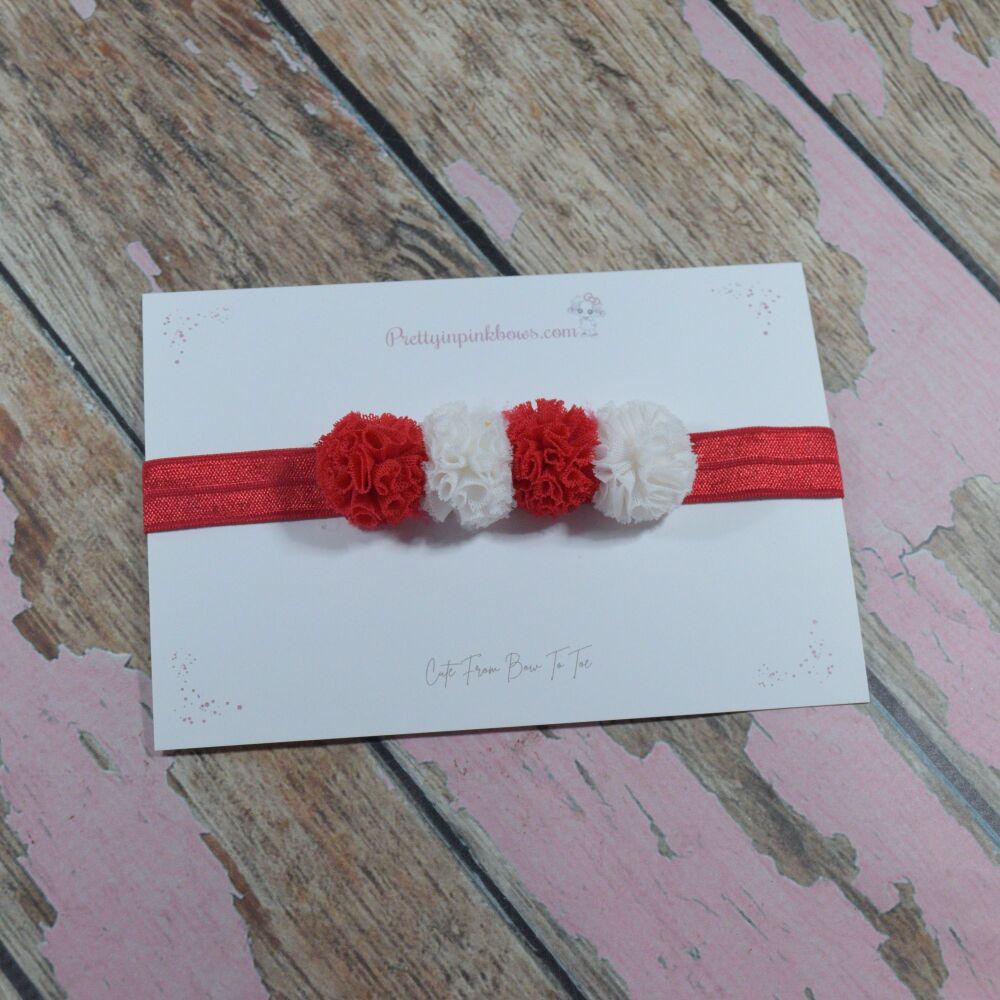 Foe baby headband - Red ad white crinkle poms