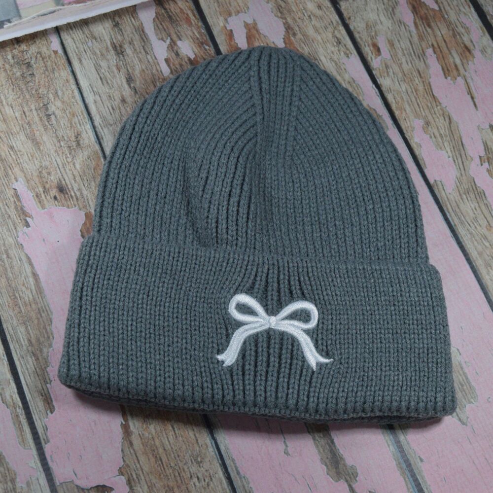 Beanie Hat - Grey with White Bow