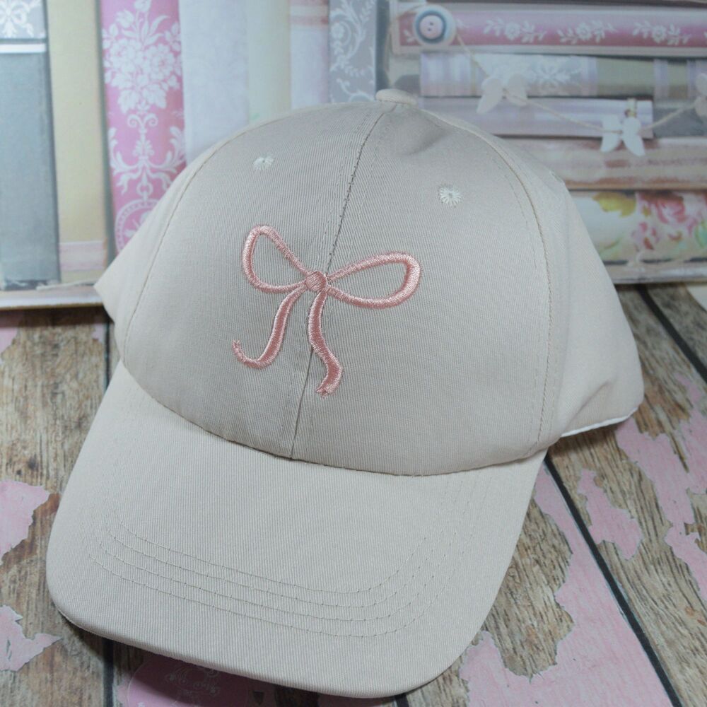 Baseball Cap - Cream with Pink Bow