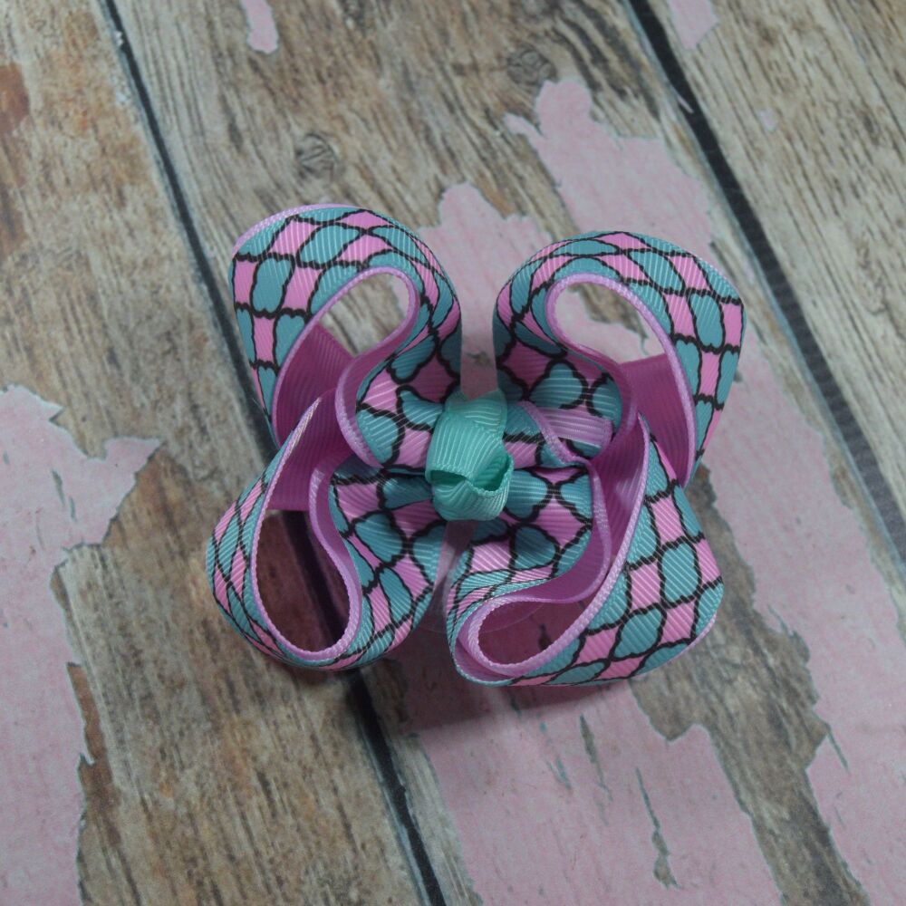 3" Double layered boutique Bow - Turquoise tiles