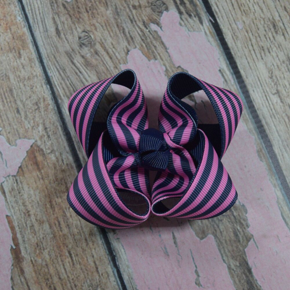3" Double layered boutique Bow - Navy pink stripes