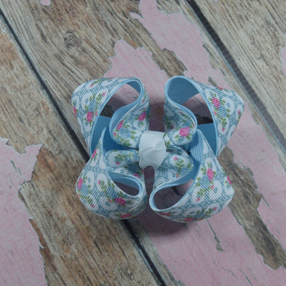 3" Double layered boutique Bow - blue romance flowers