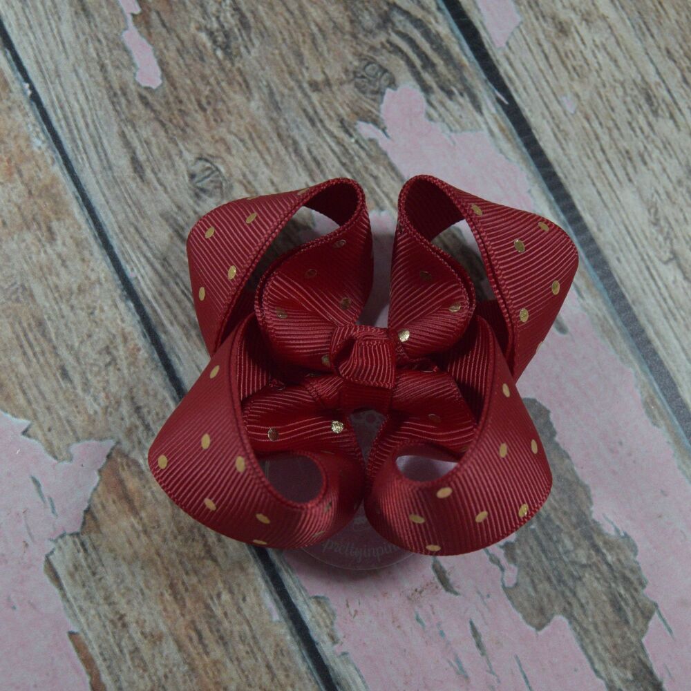 3" Double layered boutique Bow - Wine golden dots