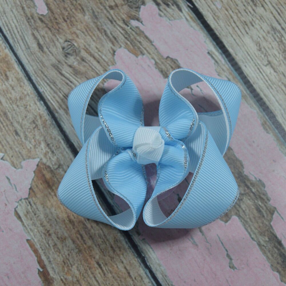 3" Double layered boutique Bow - Light blue with silver trim