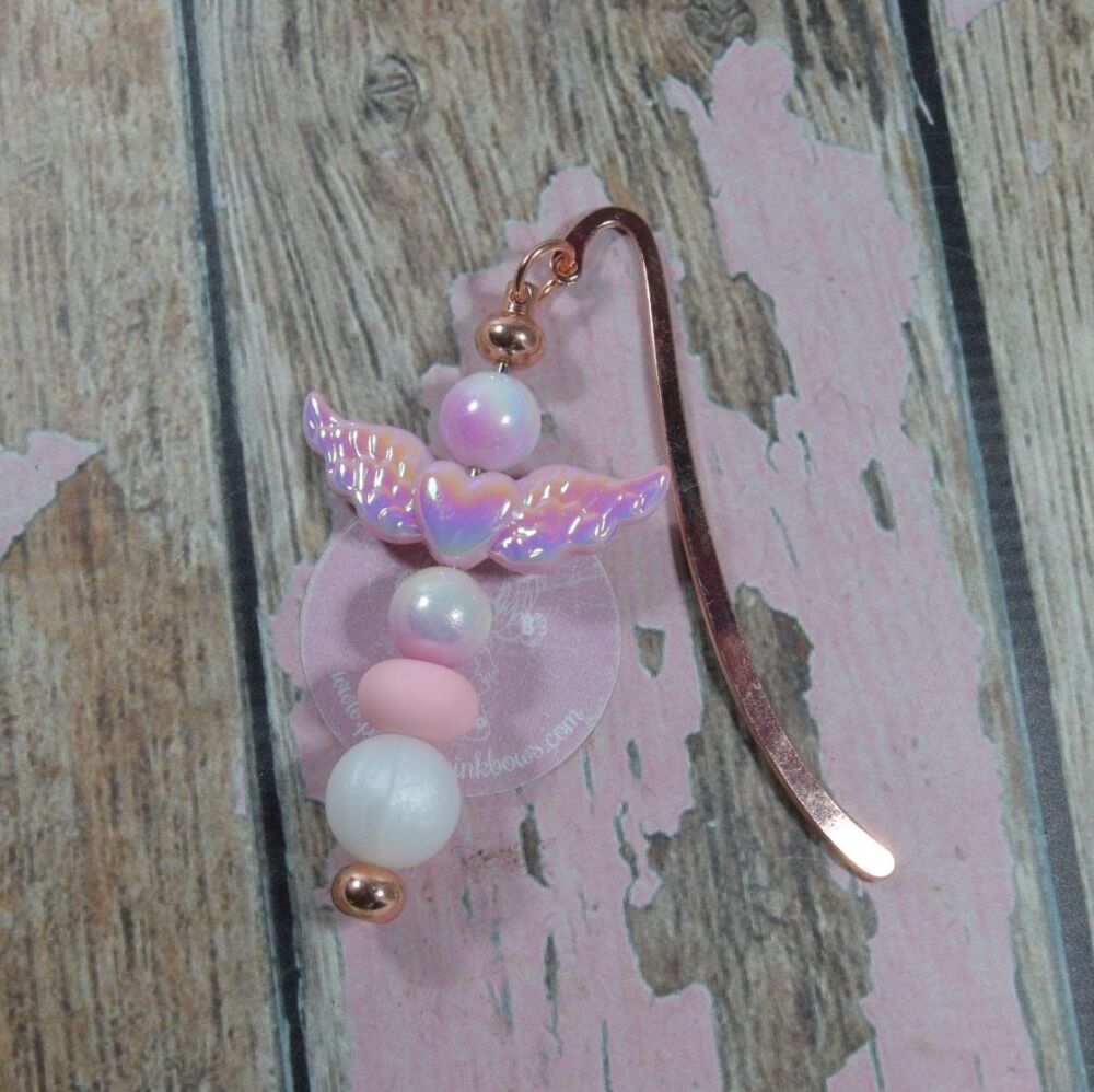 Charm Bookmark - Pink pearl heart and wings