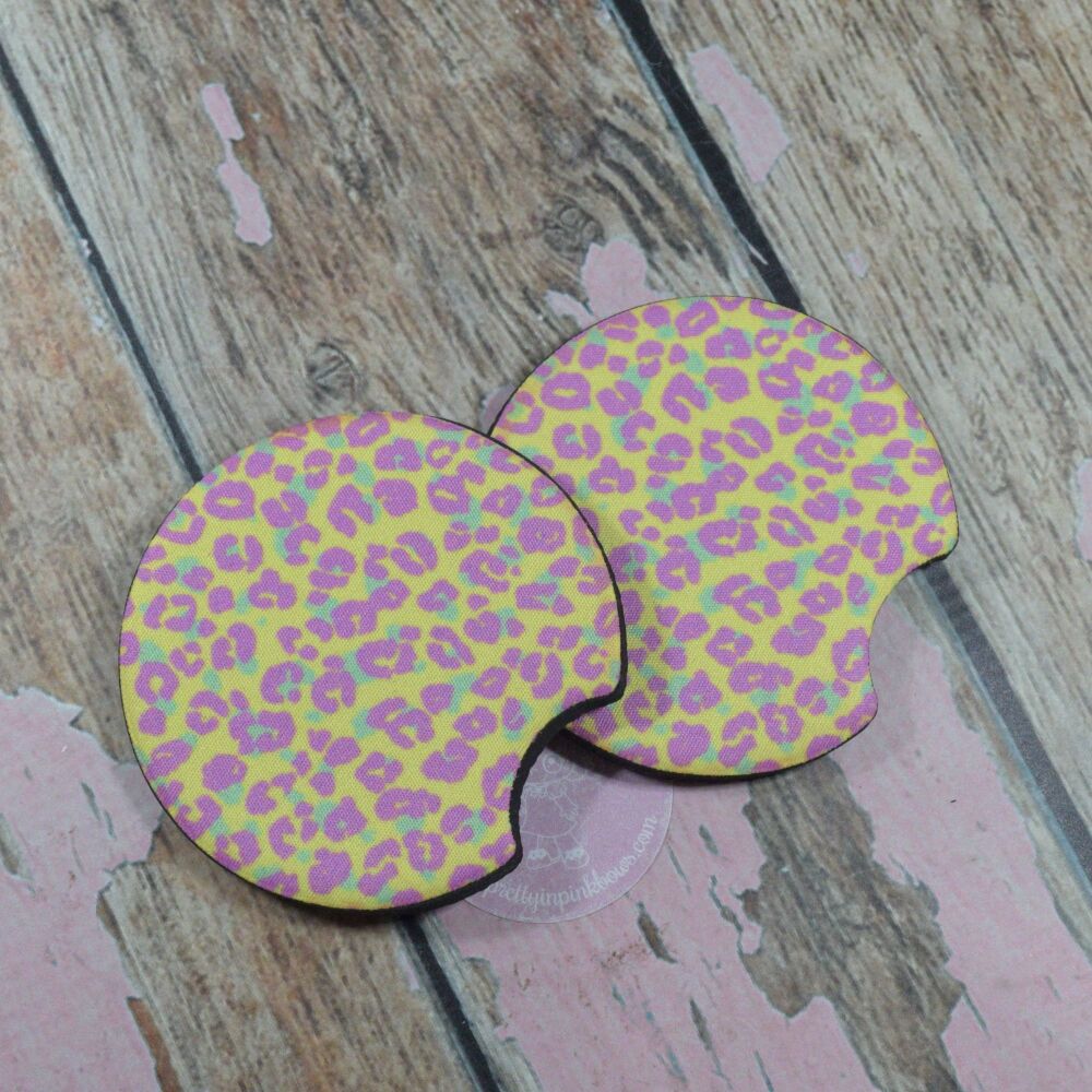 Printed Car Coasters - Pink yellow an green Animal print