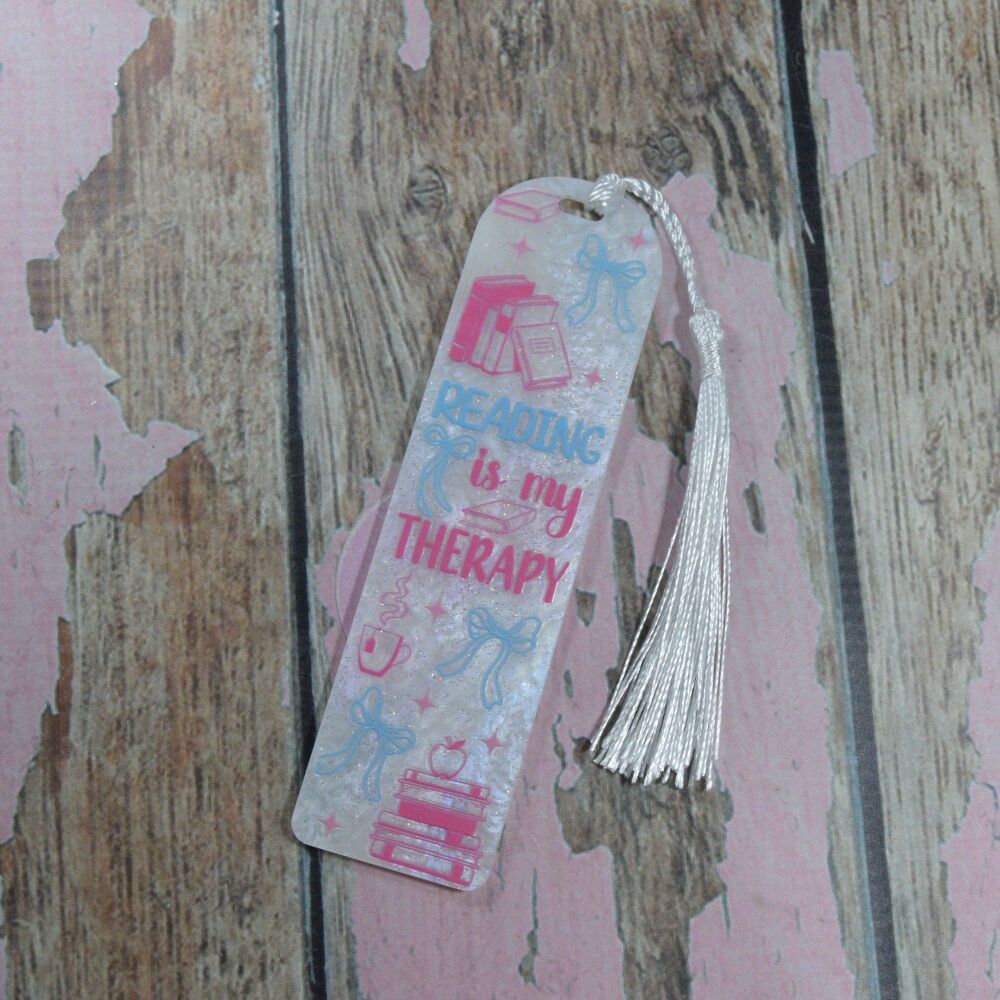 Acrylic Bookmark with Tassel- White glitter,  Reading is my therapy