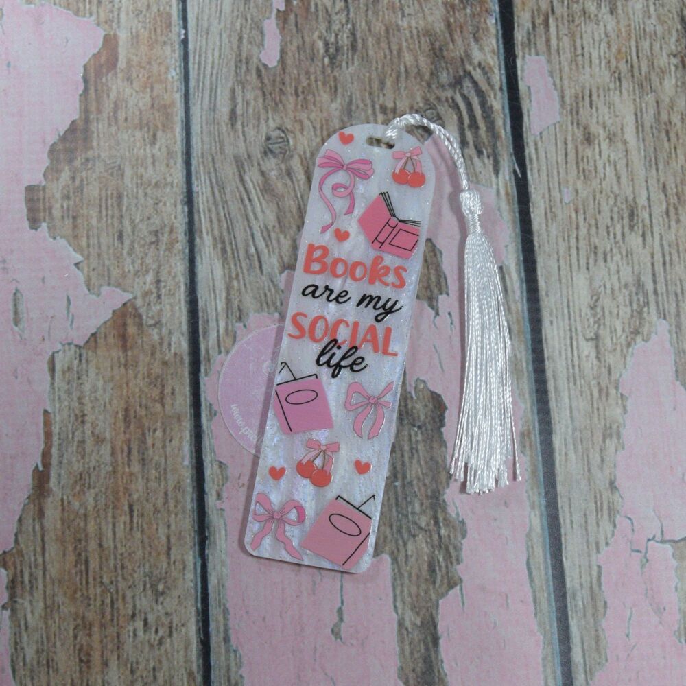 Acrylic Bookmark with Tassel- White glitter,  Books are my social life