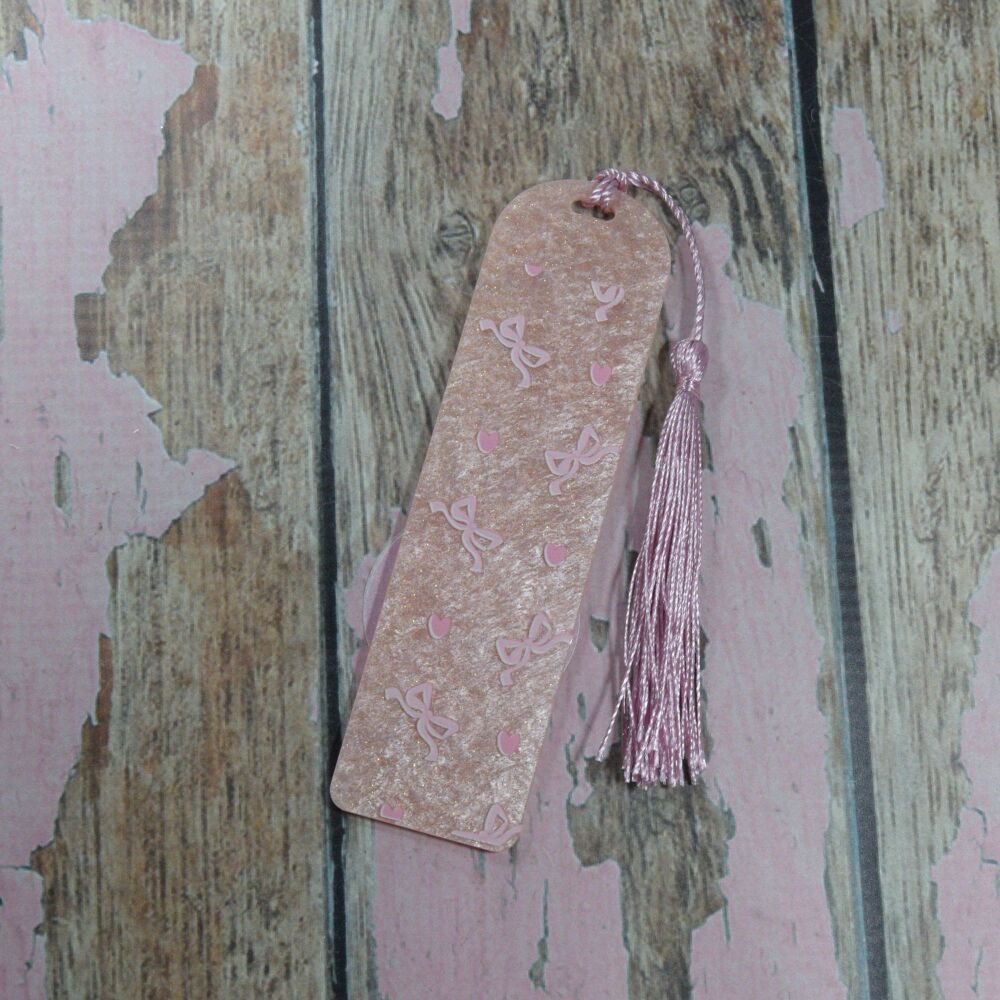 Acrylic Bookmark with Tassel- Peach glitter - Bows and hearts