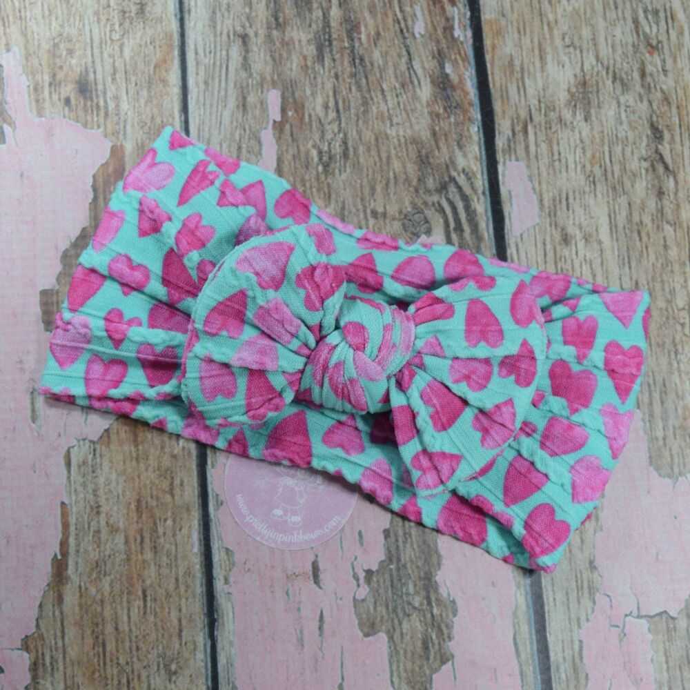 Soft Knit Head Wrap - Pink and Teal hearts