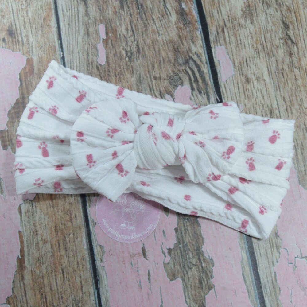 Soft Knit Head Wrap - White and mauve paws