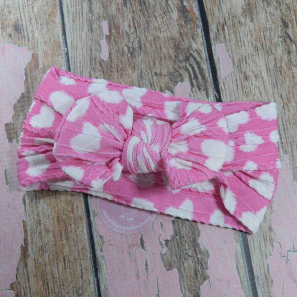 Soft Knit Head Wrap - Pink with white hearts