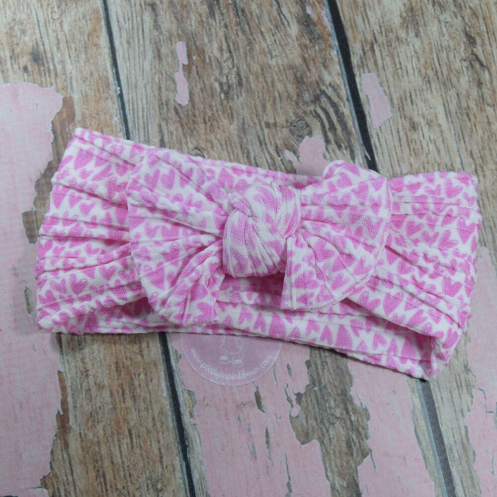 Soft Knit Head Wrap - White with pink hearts